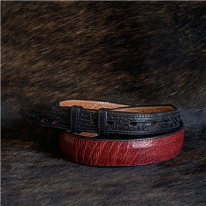 BURNS WINE OSTRICH LEG BELT W/FILIGREE